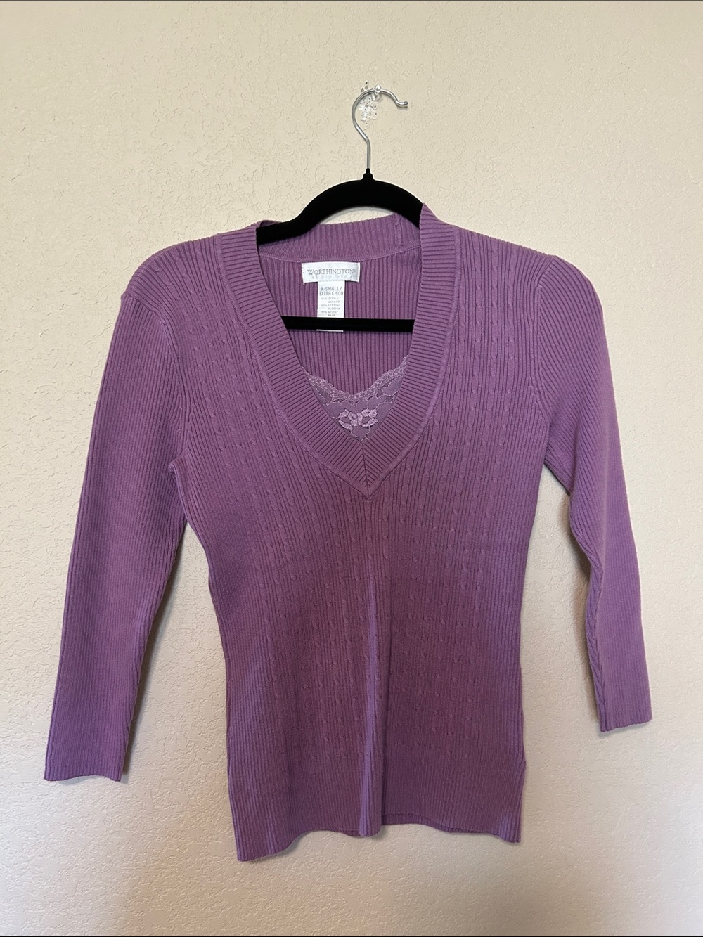 Worthington Purple Ribbed V Neck Sweater Lace Trim Y2K Twilight Bella Swan